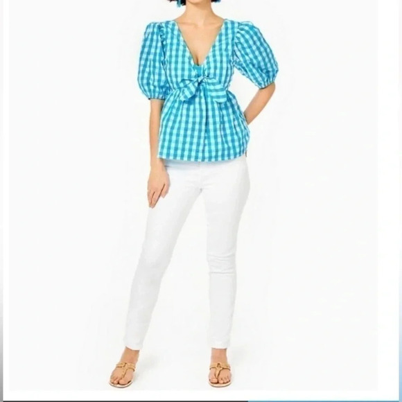 Lilly Pulitzer Sarafina Short Sleeve turquoise gingham top puff sleeve Sz 12 New - Picture 1 of 11